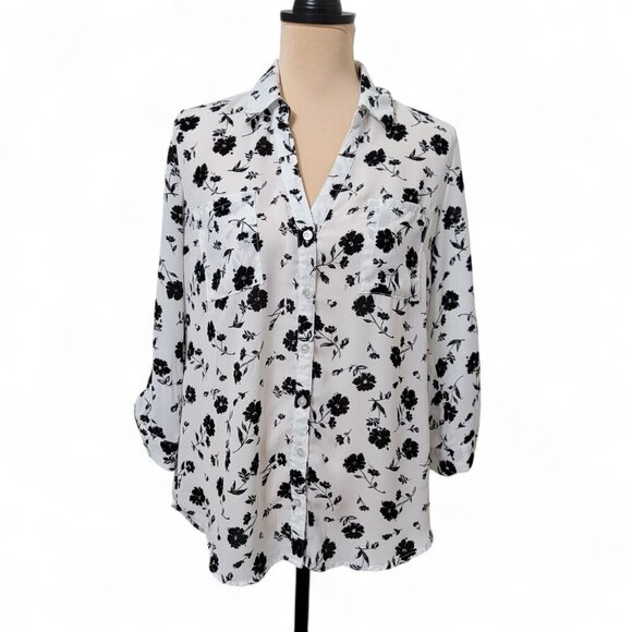 BCX Size L White with Black Floral Print Button Front Blouse, Exc. Used Cond. - Picture 1 of 15